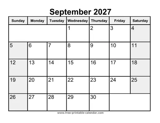 weekend highlighted september 2027 calendar