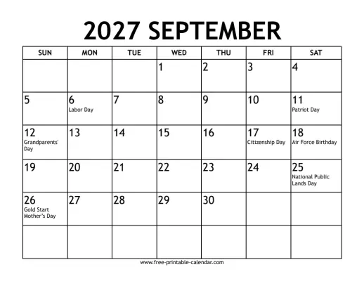 september 2027 calendar with holidays