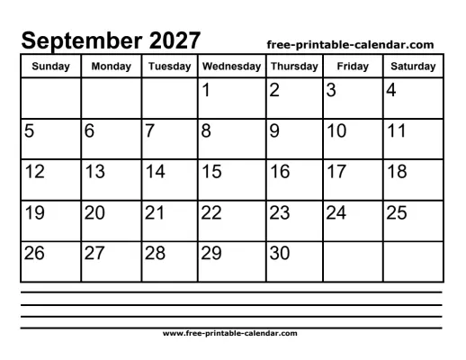 september 2027 calendar with notes