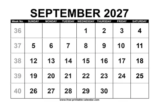 september 2027 calendar with week numbers