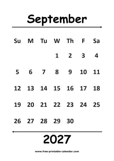 simple september 2027 calendar