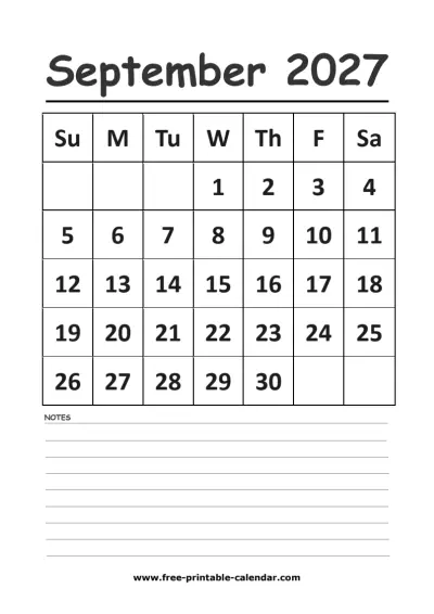 september 2027 vertical calendar